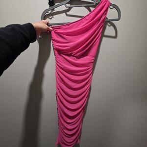 One-Shoulder Fuchsia Ruched Bodycon Dress